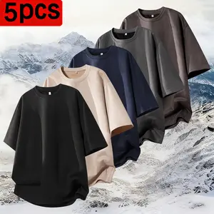 Pack of 5, summer men's sports and leisure T-shirts, retro heavy simple fashion short sleeves, imitation suede crew neck tops, suitable for gyms, teenagers, fathers, gifts, couples, holiday parties, daily hiking, street running