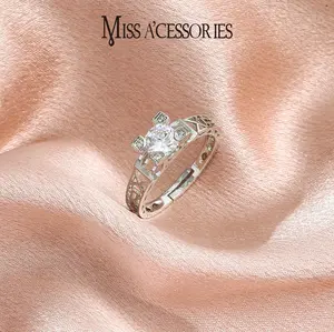 Vintage Geometric Cutout CZ Ring | Sparkly Silver Tone Adjustable Band | Elegant Art Deco Simulated Diamond Ring | Silver Tone Hollow Geometric Setting | Anniversary Jewelry: Silver Tone Geometric Adjustable Open Ring