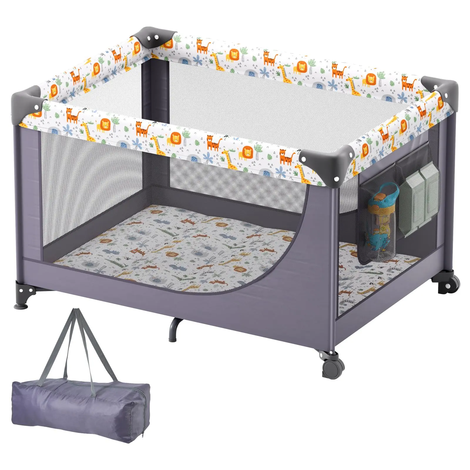【fathersdaygift】VEVOR Baby Playpen Travel Crib, Quick-Folding Playpen for Baby & Toddler, Portable Baby Fence Play Yard with Wheels, Breathable Mesh & Travel Bag, Indoor/Outdoor Kids Activity Center for 0-36 Months