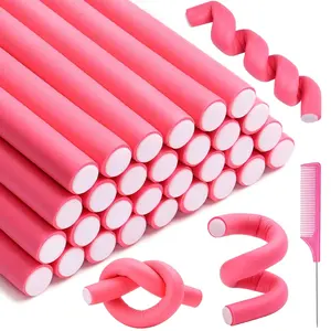 30 count 9.45"x0.55" Flexible Hair Rollers,  Curlers for Short, Medium and Long Hair, No Heat Curlers, Hair Rods - Pink(Diameter 0.55')