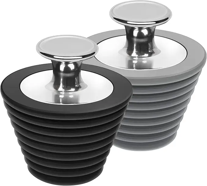 LEKEYE Universal Bathtub Stopper, 2-Pack Black & Gray Stainless Steel & Silicone Durable Seal for Bathtub & Bathroom Sink Drains, Home Bathroom Gadget