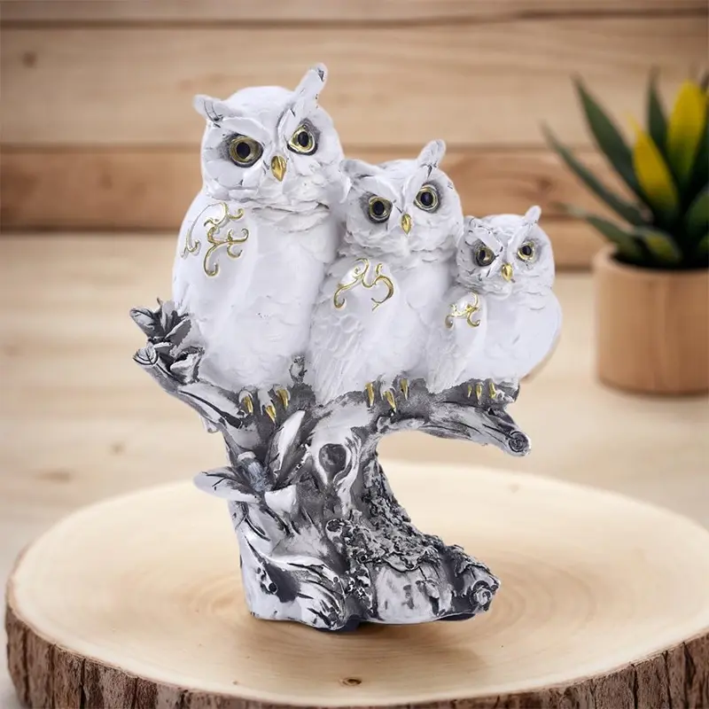 Realistic Design Family Three Cats Owl on Branch Sculpture, Vintage Resin Statue Figurine Indoor Tabletop Decor Home Office (White)