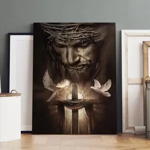 Jesus Cross Pattern Canvas Painting with Frame, Modern Art Religious Art Poster, Wall Art Decor for Home Living Room Bedroom Office, Ornaments, Modern Home Decoration