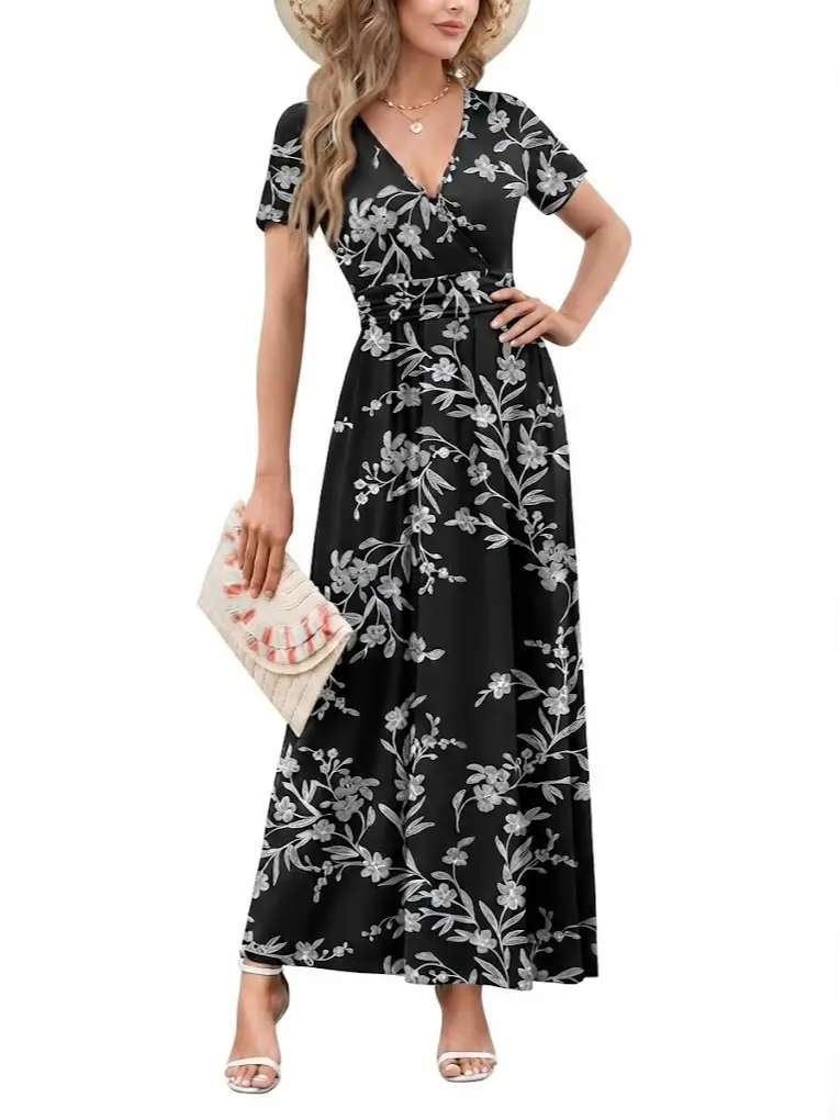 WEACZZY Women's Maxi Gown, Modest A-Line with V-Neck and Pockets, Shortsleeve Polyester for a Summer Party, Casual Wear, oversized dresses,wedding dresses guest,Empire Waist, Maxi Dress For Women, Wrap, Hand Wash, Women's Clothes, Church Outfits