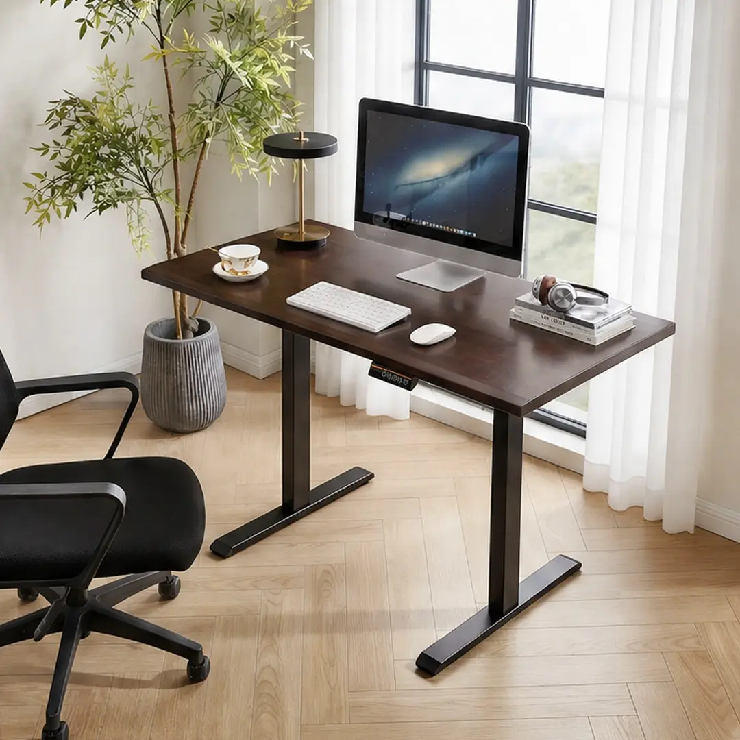 Solid Rubberwood Electric Standing Desk, Adjustable Height Sit Stand Desk with Single Motor, 47.24" x 23.62" Walnut Ergonomic Home Office Desk, 2-Tier Legs, Scratch-Resistant, Quiet Motor, Workstation for Study Room, Living Room, Walnut Finish