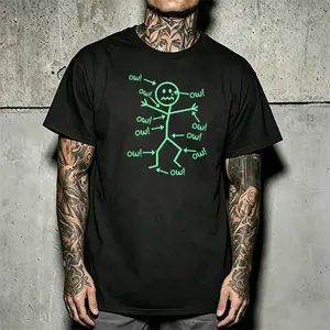 Fun and quirky “owl” print T-shirt featuring minimalist fluorescent green lines; eye-catching and stylish, suitable for everyday casual wear; street-style men’s short-sleeve top—trendy, versatile, creative design.