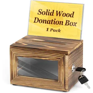 Wood Donation Box for Fundraising, Suggestion Box with Slot & Lock, Small Burnt Wood Tip Jar for Bar, School Voting, Office Event Supplies