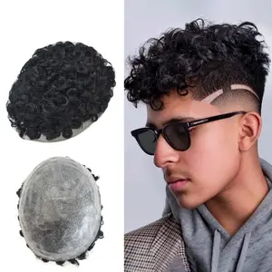 Full Poly Skin Curly Hair Piece For Men Toupee Real Human Hair Toupee For Men Toupee Curly Hair Mens Hairpieces Curly Hair System For Men Natural Mens Toupee Curly