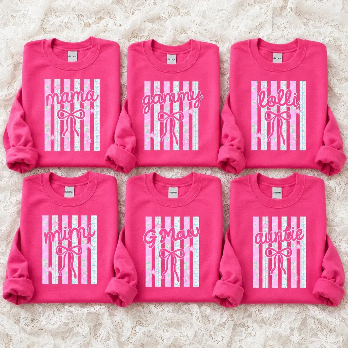 Personalized Grandma Sweatshirt, Cute Mama Gammy Lolli Mimi G-Maw Auntie Bow Floral Stripes Crewneck, Pink Family Matching Pullover, Mother’s Day Gift, Birthday Gift for Grandma, New Grandma, Nana