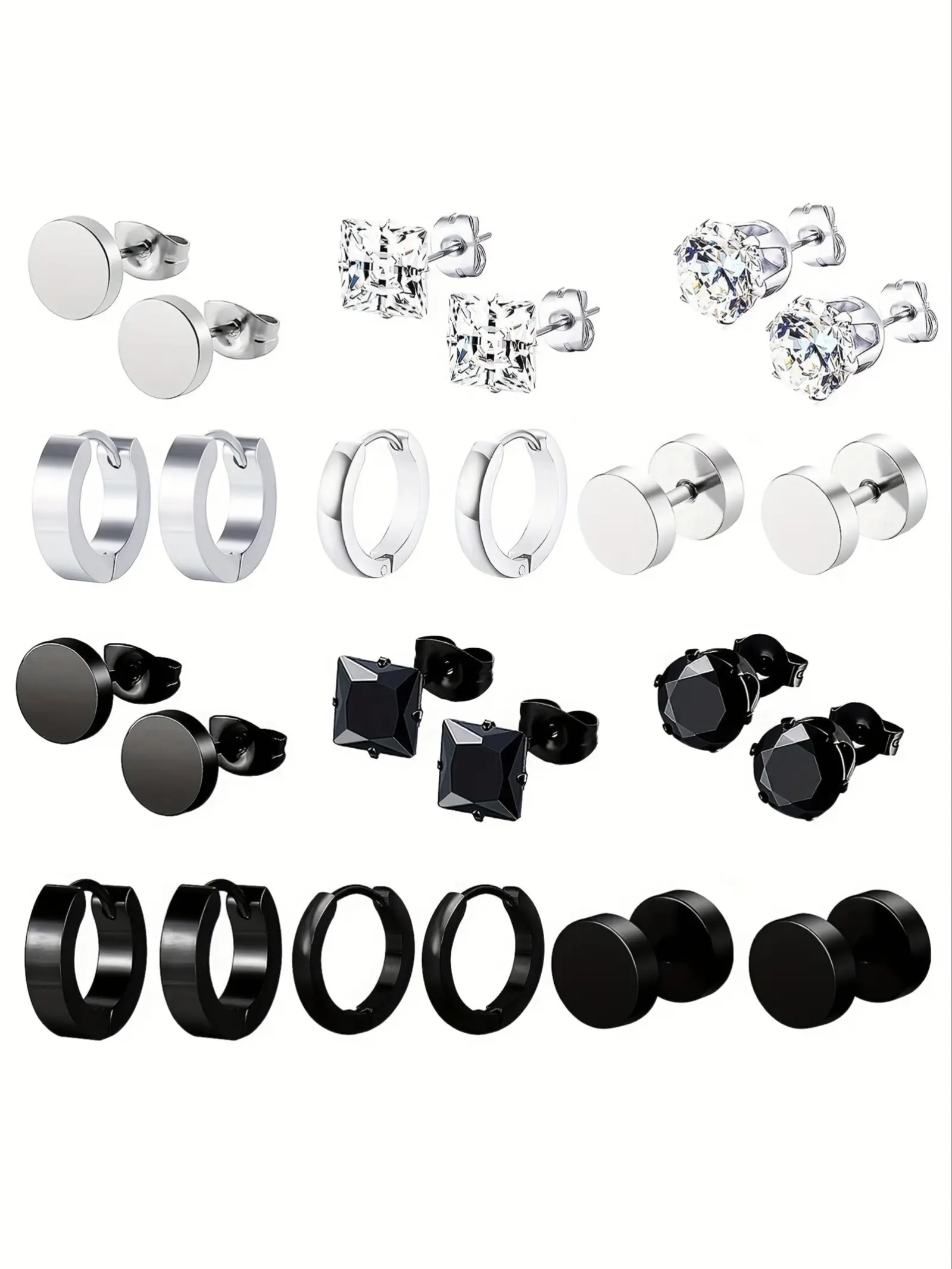 Men's Stainless Steel Ear Studs Set, Earring Pack, Round Barbell Earrings with Synthetic Zircon, Zircon Inlays, Gift Set, 6 Pairs, Minimalist Earrings, Stainless Steel Jewelry, Hoop Earrings