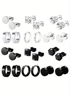 Men's Stainless Steel Ear Studs Set, Round Barbell Earrings with Synthetic Zircon, Fashionable Gift Set, 6 Pairs, Elegant Minimalist Earrings