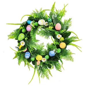 18 Inch Easter Wreath for Front Door, Artificial Egg Wreath with Flowers and Green Leaves, Spring Floral Wreath for Indoor Outdoor Home Decor