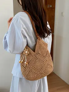 1pc Ladies' hollowed out hook woven large capacity three-dimensional flower wood bead tassel decoration casual shoulder bag, PU leather wide shoulder strap summer bohemian style storage bag, suitable for beach vacations and daily travel