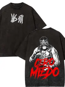 Vintage Cero Miedo Wrestling Wrestler Print Pattern T-Shirt, Casual Fitted Long Sleeve Top, Stylish Fashion Graphic Tee for Men & Women