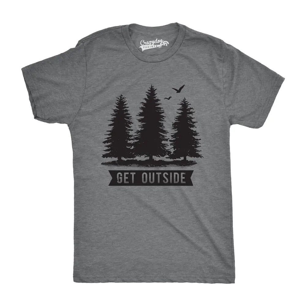 Pine Trees Get Outside Cool Outdoor Adventure T Shirt Mens Funny T Shirts Cool Vintage Fashion T-Shirt Gift Classic Menswear Funny Camping Short Sleeve Novelty Tees for Guys Dark Grey