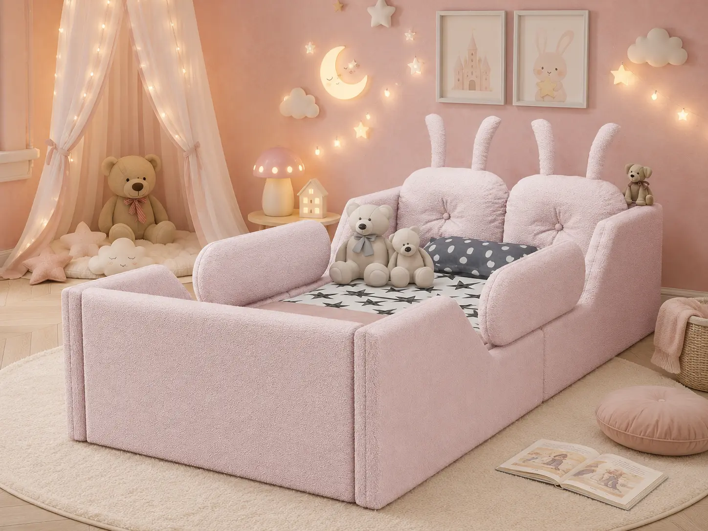 Twin Size Upholstered Kids Bed with Cute Rabbit Cushions, Floor Platform Bed with Detachable Side Rails
