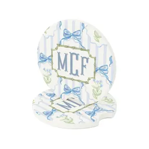 Blue Bow Striped Monogram Car Coaster Set, Floral Initial Cup Holder Coaster, Custom Preppy Car Decor, Personalized Gift for Women