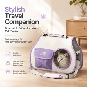 Stylish Cat Carrier Bag, Breathable & Comfortable Soft-Sided Pet Travel Carrier for Cats and Small Dogs, Dual-Use Shoulder Tote & Handbag with Clear Viewing Window, Spacious Interior (Purple)