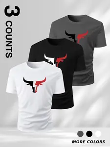 3 Pack Men's Bull Graphic T-Shirts, Trendy Contrast Color Animal Print Tees, Casual Crew Neck Short Sleeve Shirts, Soft Breathable Tops for Gym Workout Daily Streetwear, Casual Style Tee, Black White Dark Gray