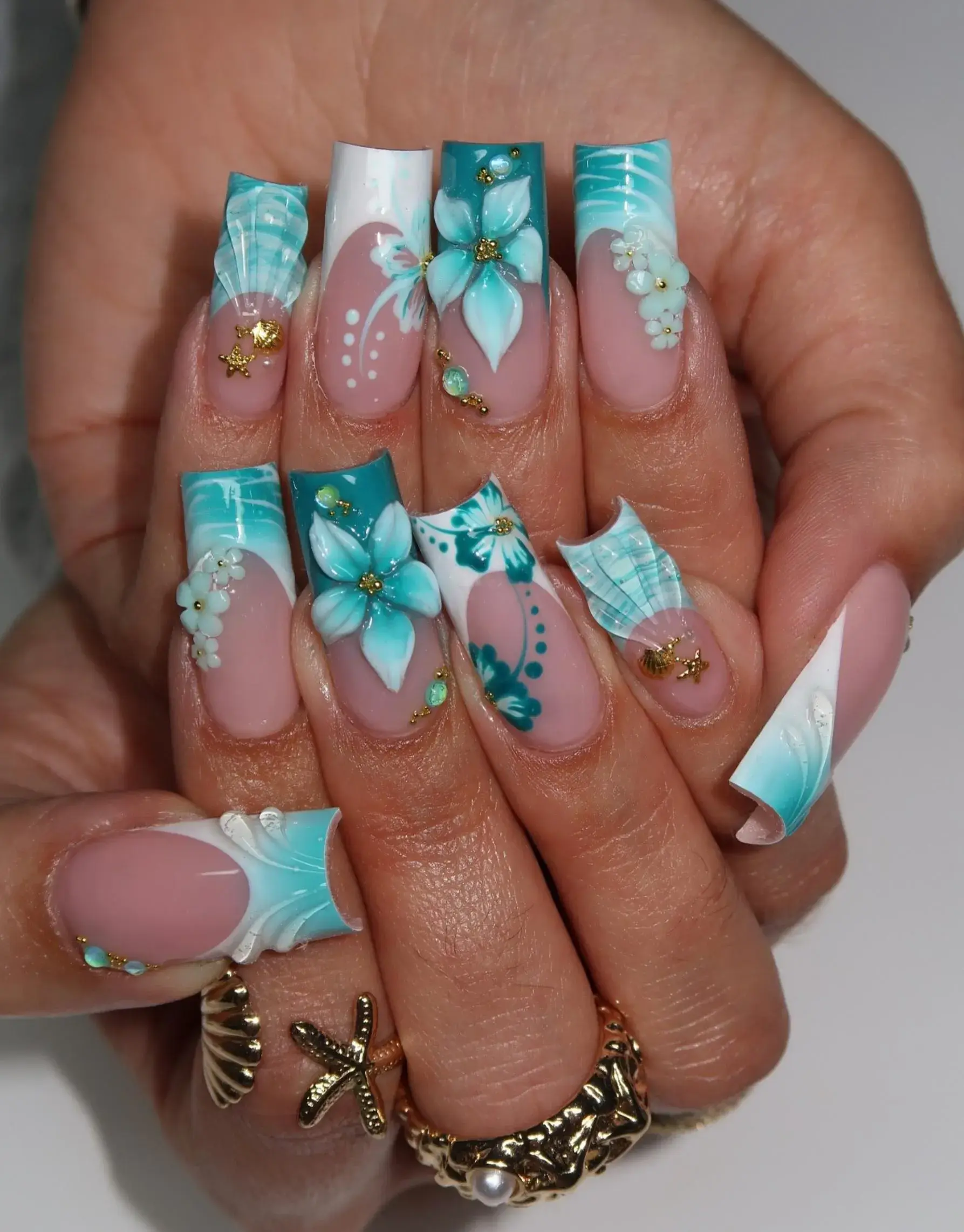 Elegant Ocean Breeze 3D Orchid Press On Nails | Turquoise Ombre Summer Nails | Turquoise French Tip Nail Art | Beach Seashell Accent Nails