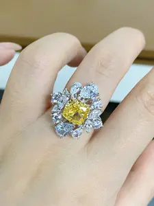 Women's Pure Silver Ring with Blue Sapphire & High-Carbon Diamond, Fashionable Elegant Ladies' Jewelry, Artificially Cultivated Gemstone