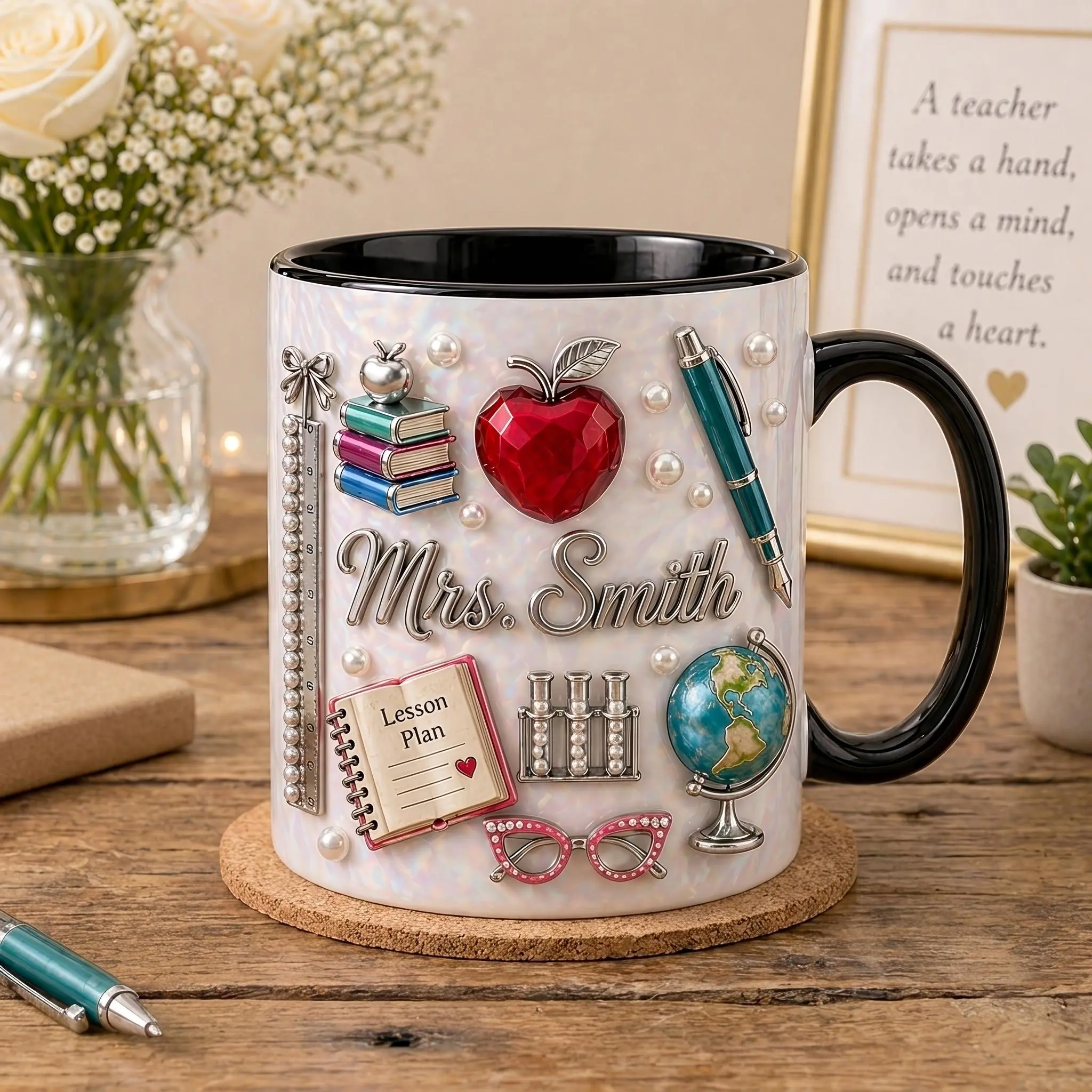 Personalized Teacher Faux 3D Print Mug, Teacher Coffee Mug, Custom Teacher Gift Cup, 3D Printed Effect Ceramic Cup, Gift For Fan