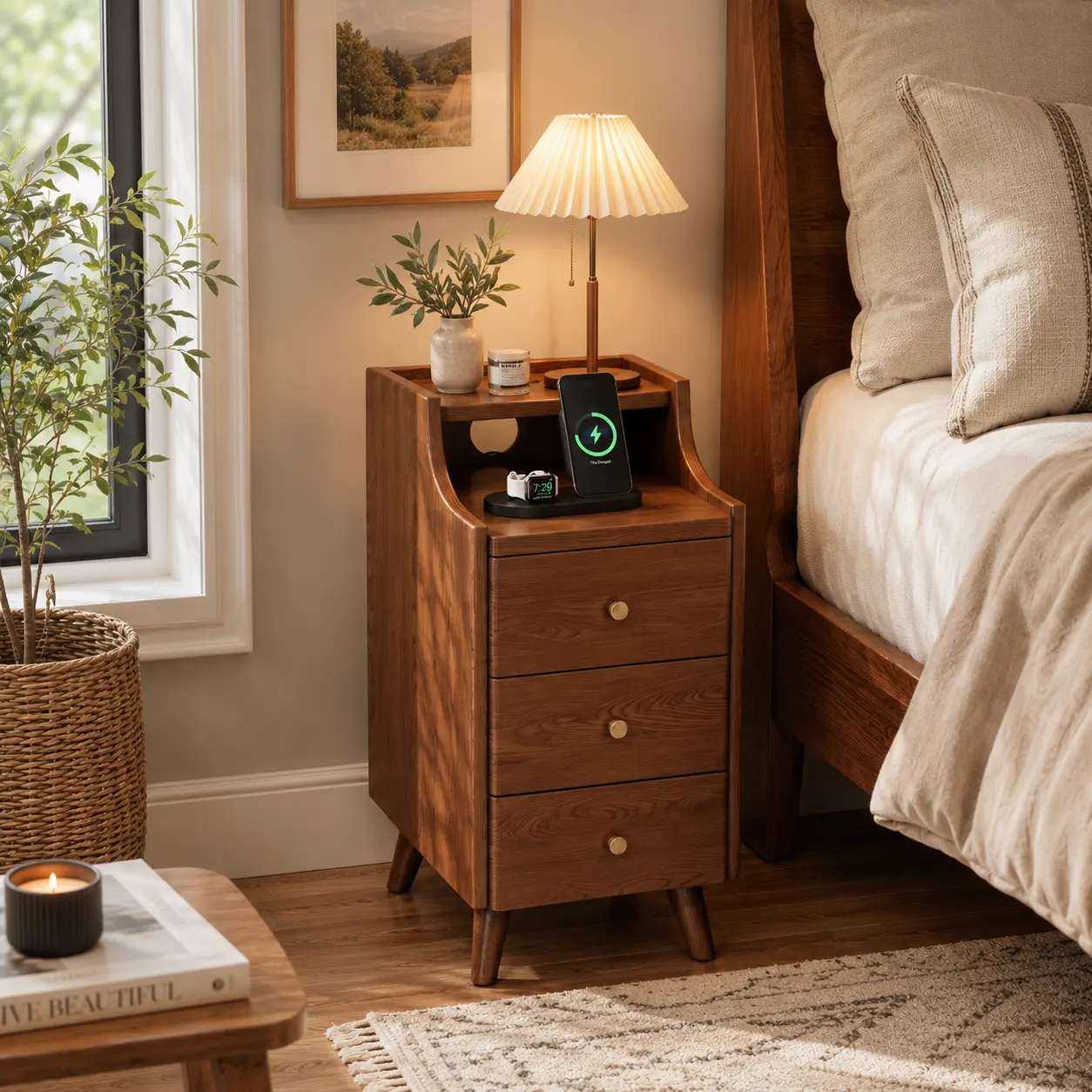 iunvr Modern Minimalist Midcentury Solid Rubber Wood Narrow Bedside Table - 7.9in Wide, Compact Footprint, 3 Fabric Organized Storage Drawers, Wipe Clean, Rounded Safe Edges, Apartment Bedroom End Table, Adult Use, Assembly Required
