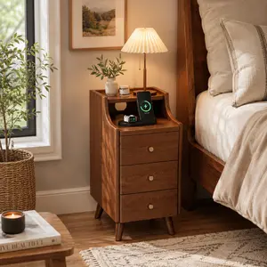 Mid Century Modern Narrow Nightstand with 3 Drawers Solid Wood Bedside Table for Small Spaces Aesthetic Bedroom Side Table for Living Room Apartment Cozy Room Decor