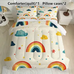 Rainbow Cloud Pattern Quilt Set (1 Quilt + 2 Pillowcases), Soft Lightweight Breathable, All-Season Bedding, Suitable for Home or Dorm Use