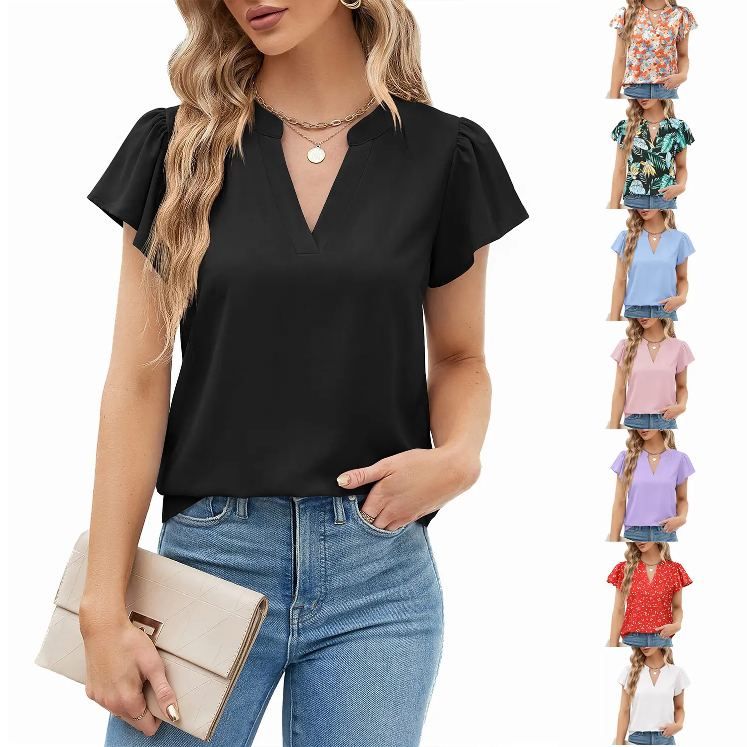 Blouses for Women Dressy Casual Ruffle Sleeve V Neck Flowy Shirts Business Office Work Blouse Summer Beach Tops 2026