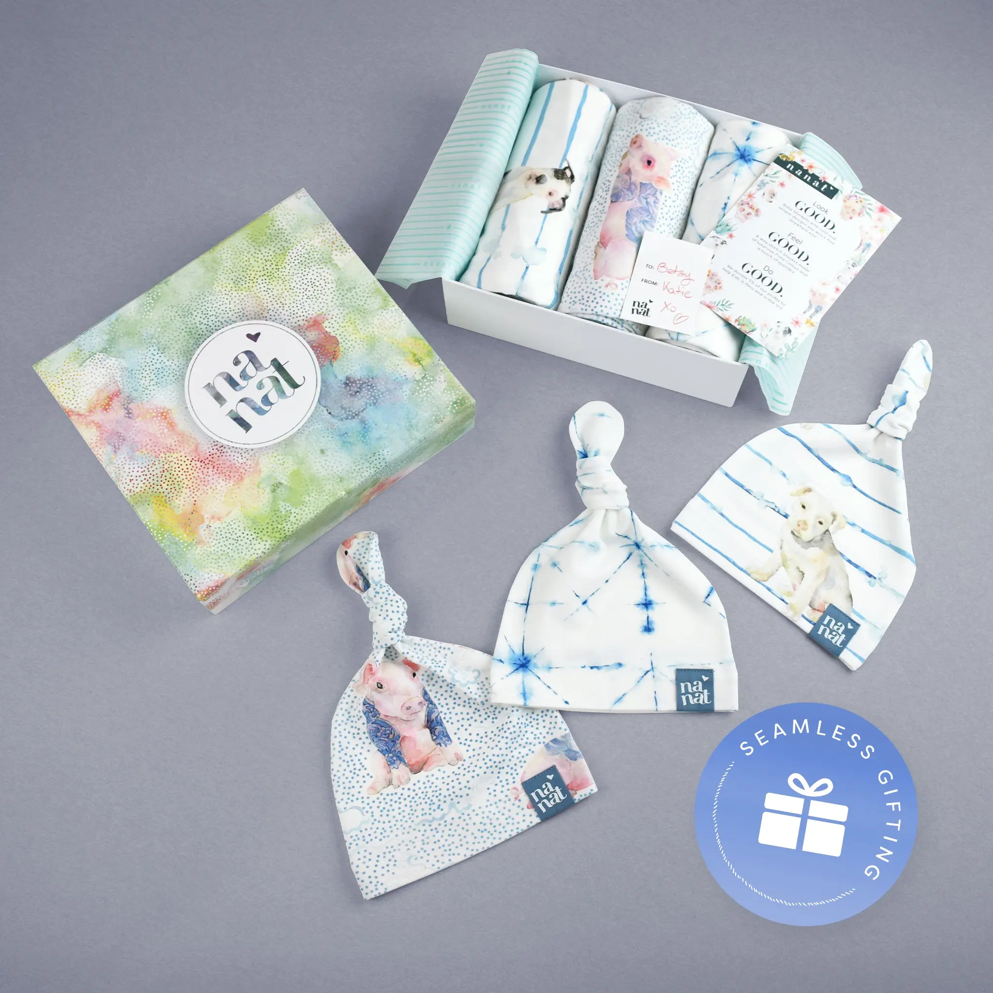 Super Snuggle Gift Bundle - Puppy Love, Shibori Dreams Geometric, Irezumi Piglet Blankets & Hats