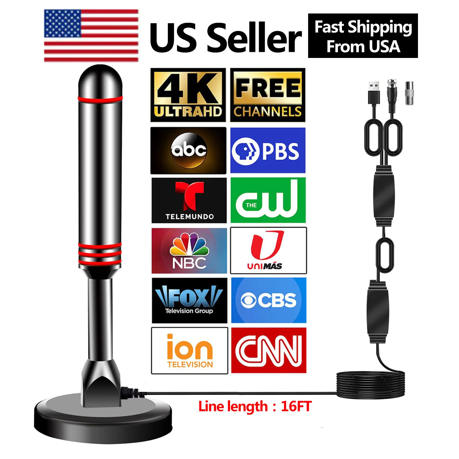 Ultra-Long Range Digital TV Antenna, Double Amplifier Signal Booster TV Antenna Indoor/Outdoor, Support 4K 1080p Smart Television - 16ft Coaxial HDTV Cable, Smart TV Free Local Channels