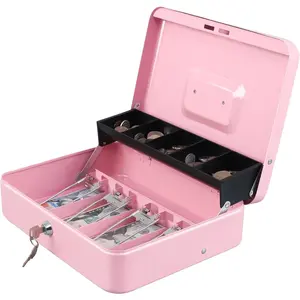Cash Box with Money Tray and Key Lock,Tiered, Cantilever Design,4 Bill / 5 Coin Slots,11.8" x 9.5" x 3.5"