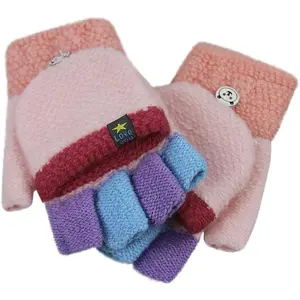 L-BN008   Cartoon Convertible Flip Top Gloves Toddler Kids Winter Wool Knit Fingerless Gloves with Mitten Cover for Girls Boys 2-15 Yrs