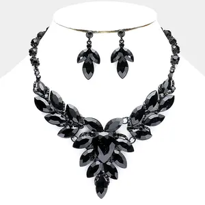 Jet Black Teardrop Center and Marquise Stone Prom Necklace Set | Special Occasion Necklace Set |  487201
