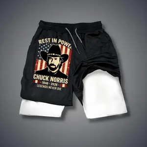 CHUCK NORRIS Double-Layer Sports Shorts Graphic Shorts Black Shorts Camo Shorts Streetwear Shorts Men Outfits Men Short Shorts Vacation Outfits Shorts
