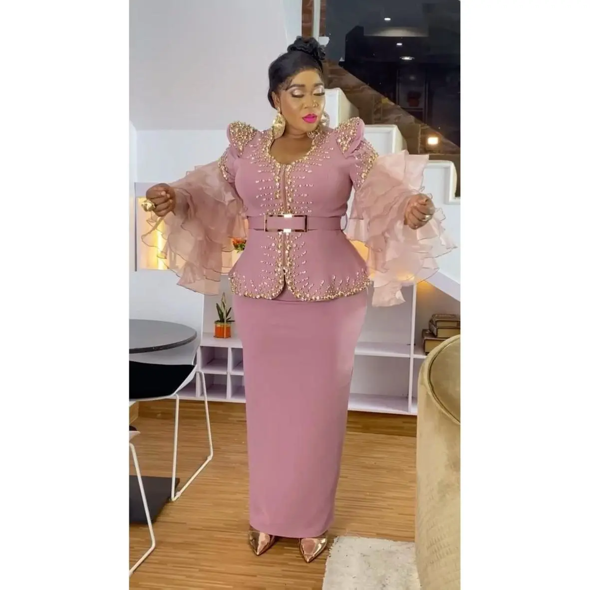 Dramatic Ruffle Sleeve Pink Wedding Guest Outfit Mother of The Bride Blouse & Skirt - Elegant Fitted Party Top & Skirt for Special Occasion Anniversary Engagement Ceremony Cocktail Gala Dinner Photoshoot Turkish Women's Plus Size Rhinestone Suit