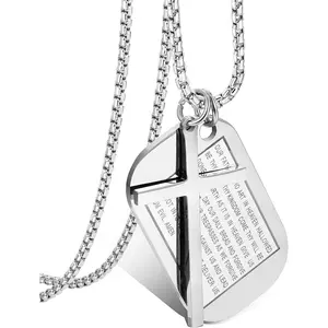 FLORIDECO Stainless Steel Dog Tags Prayer Cross Necklace Military Rolo Chain Cross Necklaces for Men 3mm 24 Inch Daily Stylish Accessory