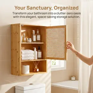 YJ-Garvee Bathroom Wall Cabinet, Above Toilet Storage Cabinet Bamboo Medicine Cabinets Wall Mount with Rattan Doors and Adjustable Shelf, Space Saver Cabinet Storage for Kitchen, Laundry, Living Room Nature Wood
