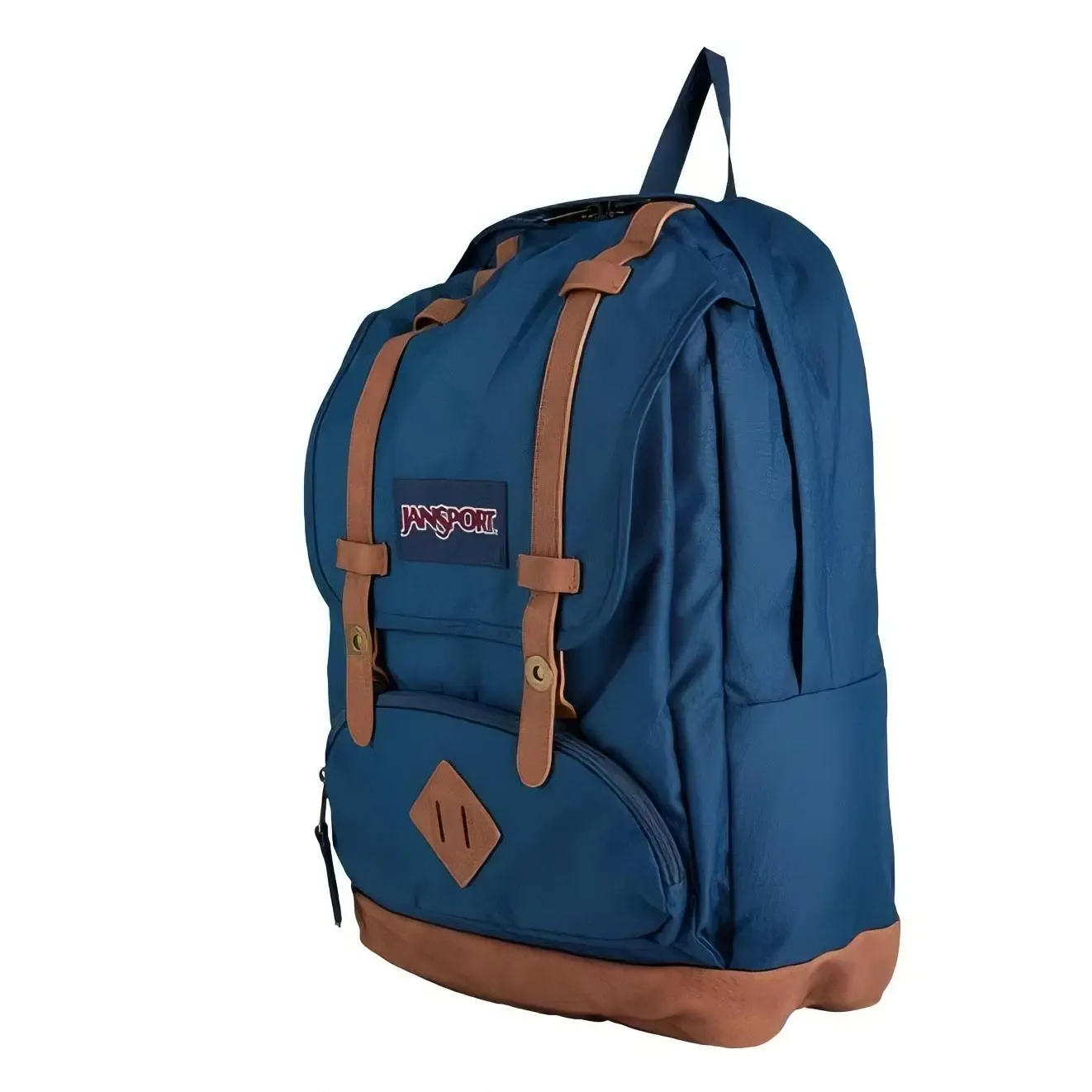Jansport Cortlandt Navy Backpack with Brown Leather Accents and Durable Design