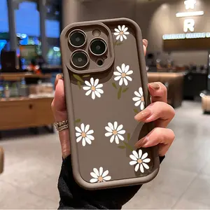 Retro Daisy Pattern TPU Phone Case for iPhone 16 15 14 Pro Max 13 12 11 XR XS Plus Shockproof Full Camera Protection Durable Slim Silicone Cover Cellphone Protective Protector Smartphone Casing
