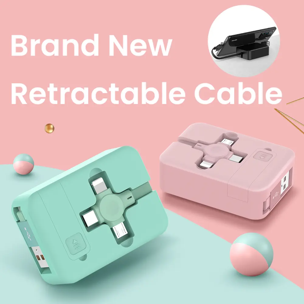 4-in-1 Retractable Charging & Data Cable, Macaron-Style with Phone Stand & Storage Box, Compatible with iPhone, Type-C, Micro USB, Smartphone, Cellphone, Computer, Port