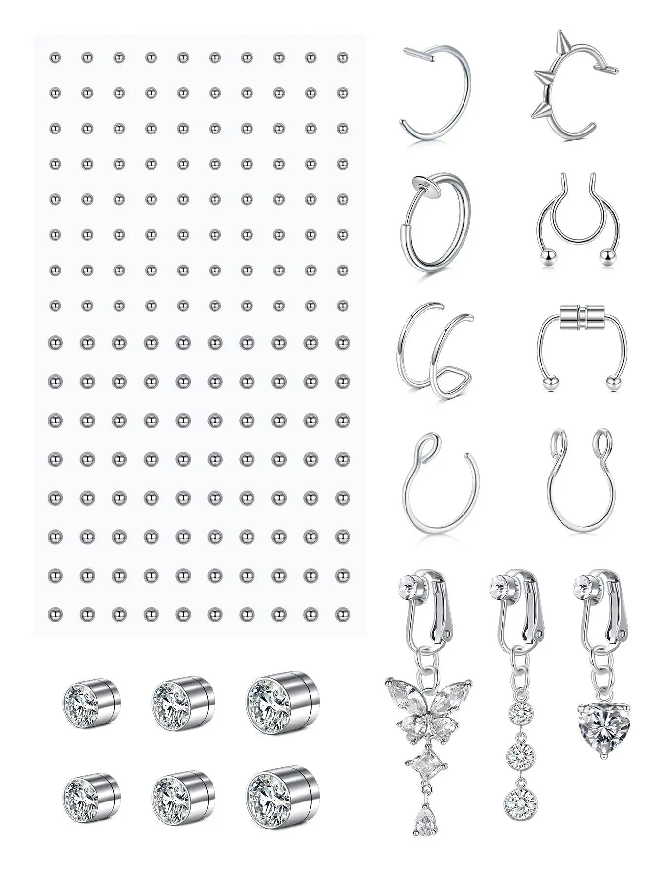 Fake Body Piercings Fake Lip Ring Fake Nose Ring, Nose Rings Hoops, Clip On Belly Button Ring Fake Eyebrow Piercing Fake Piercing Balls Silver Punk Y2k For Women Non-Piercing Body Jewelry, Navel Piercing Jewelry, Nose Hoop, Body Jewellery