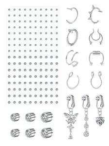 Fake Body Piercings Fake Lip Ring Fake Nose Ring Clip On Belly Button Ring Fake Eyebrow Piercing Fake Lip Nose Stud Fake Piercing Balls Silver Punk Y2k Halloween Makeup For Women Non-Piercing Body Jewelry, Navel Piercing Jewelry, Nose Hoop