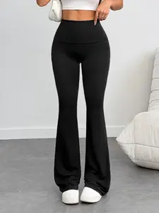 Women High Waisted Flare Leggings Bootcut Yoga Pants Butt Lifting Stretchy Slim Fit Long Inseam Tummy Control Athletic Workout Leggings Wide Waistband Full Length Comfy Lounge Pants Casual Streetwear Black Soft Figure Flattering Travel Pants