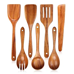 Wooden Cooking Utensils Set, 7-Piece Wooden Spoon Set, Kitchen Tools for Non-Stick Pots, Durable Wood Spoons & Scrapers