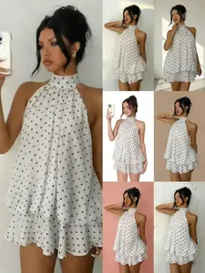 Women's Elegant Chiffon Halter Neck Tie Mini Dress - Solid Butter Yellow Summer Dresses for Wedding Guest, Evening Party, Date Night & Vacation