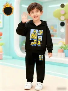 Boys' Fleece Sweatshirt Set with Hoodie & Pants, Minion Cartoon Print, Casual Warm Clothing for Fall & Winter, Kids Daily Wear, Sweatpants