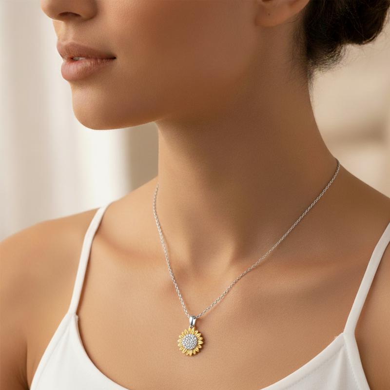 Womens 14K Gold Plated Sun Flower Pendant Necklace Cubic Zirconia Two-Tone Adjustable Chain 16-18in