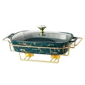 Rectangular Green & Gold Ceramic Pot Baking Tray | 3 Pieces Chaffing Dish Buffet Set |